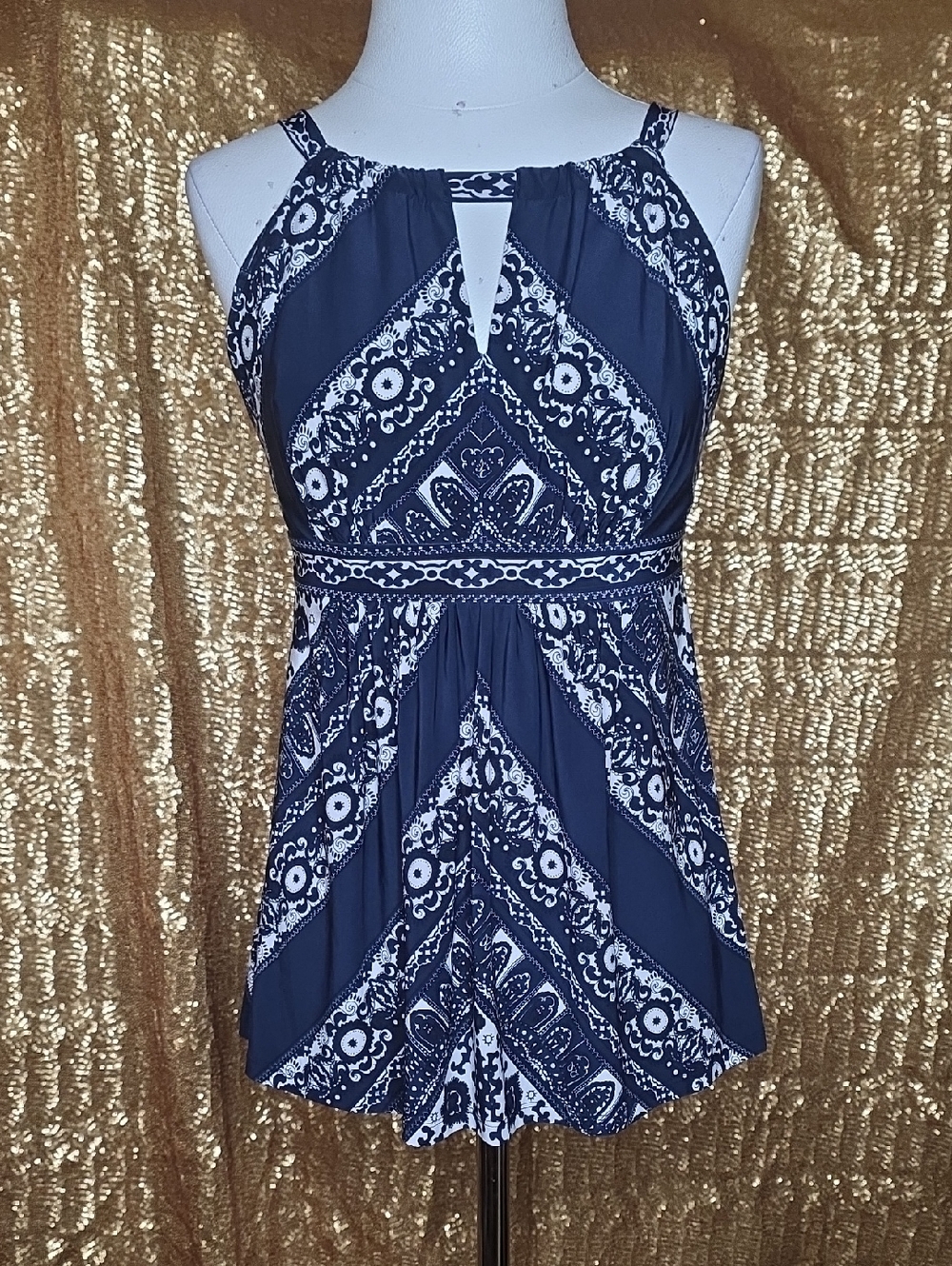 INC International Concepts Navy and White Printed Halter Tank Top